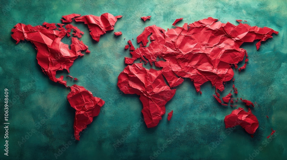 Poster artistic red world map made of crumpled paper with a textured green background depicting global geog