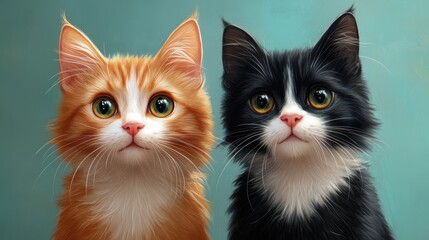 Two adorable kittens with striking fur patterns sit together against a soft blue background, showcasing their curious expressions and bright eyes
