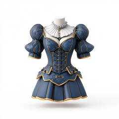 Fototapeta premium An illustration design of a gorgeous metallic silver short armor dress set against a white background in fantasy style.