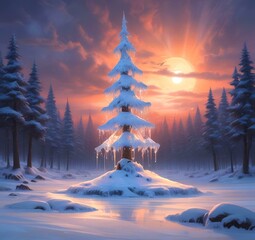 Illustration of Christmas tree with winter landscape.