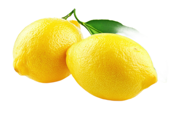 Yellow lemon fruit isolated on alpha background. Central position, stem pointing up. Green leaf, larger than lemon, adds natural touch. No text or objects. Fresh, healthy, juicy, ripe, citrous fruit.