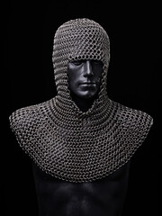 Medieval chain mail head protective cap on mannequin on head black backgound