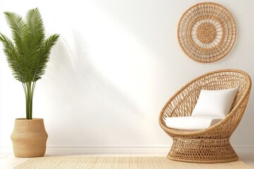 Cozy boho corner with natural fiber furniture and indoor plants in a bright, inviting setting