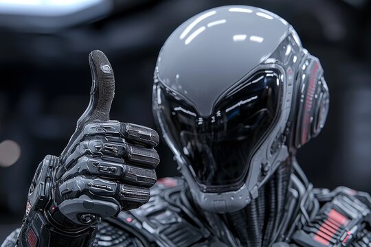 A happy alien thumbs up in a business suit, created using Stock software