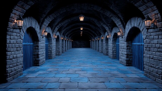 Detailed 3D illustration of a medieval castle dungeon tunnel, lit by a torch flame.