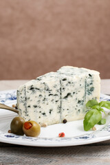 Blue cheese on white ceramic plate. French cuisine.