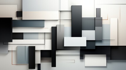 Abstract geometric composition with layered rectangles in varying shades of black and white.