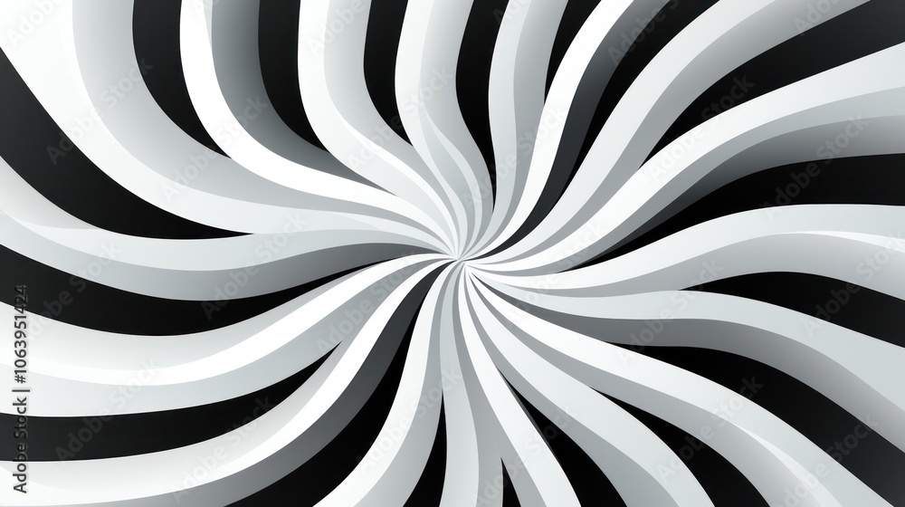 Poster a swirling pattern of black and white curves creating a hypnotic visual effect.