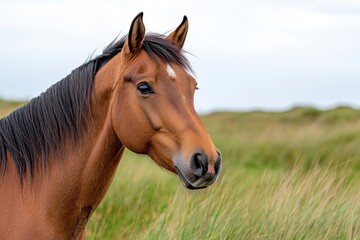 Obraz premium It is an amazing sight to see a majestic Spanish Mustang Wild Horse on the North Carolina dunes in the autumn fog. Gorgeous blue colored domestic animal. Stock photo.