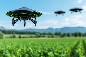 Naklejka premium Image of a landscape with an alien in the field. Stock photo.