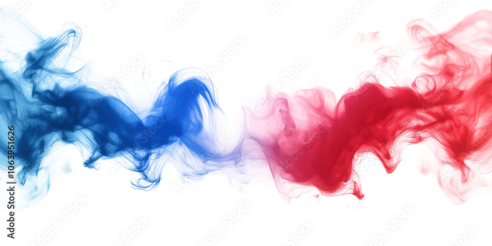 Poster Red, blue smoke fills screen in abstract shapes, swirling, curving in dynamic motion. Two distinct lines of color intersect at center, creating striking contrast. Gray background provides neutral