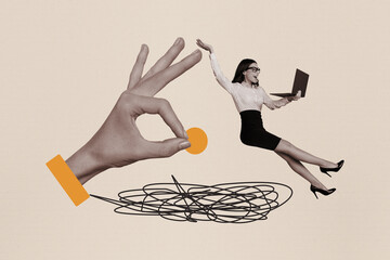 Collage image of pinup pop retro sketch of entrepreneur female businesswoman hand show okey sign...
