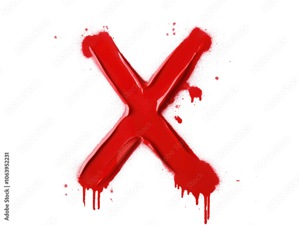 Poster close-up of red x symbol made with spray paint. x shape is isolated on isolated transparent backgrou