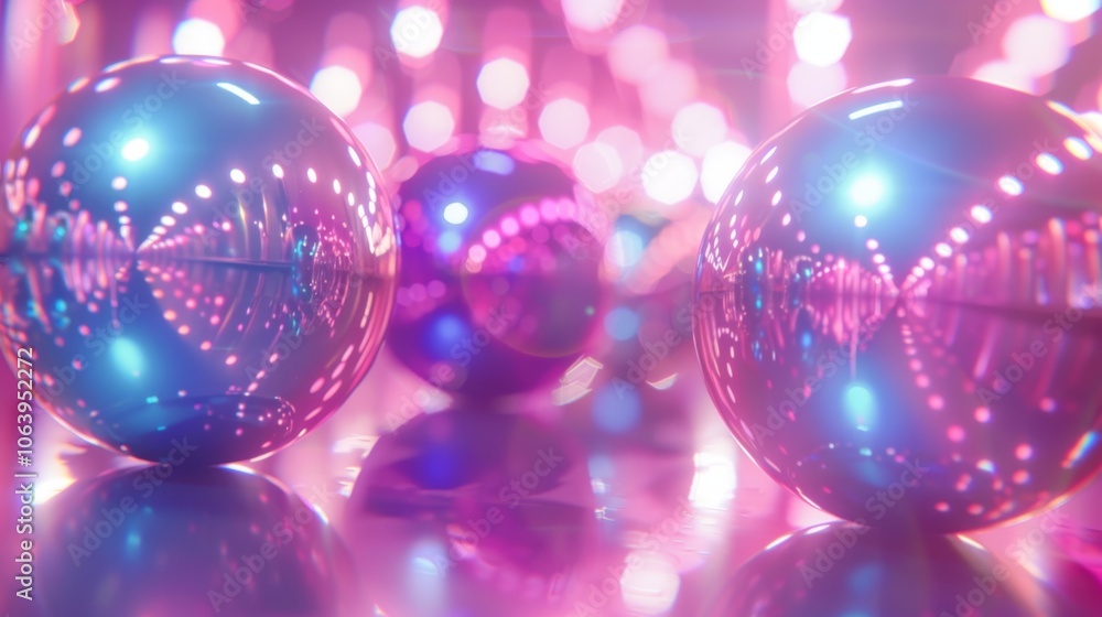 Poster a vibrant 3d render showcases reflective spheres amidst a chaotic backdrop of colorful lights, creat