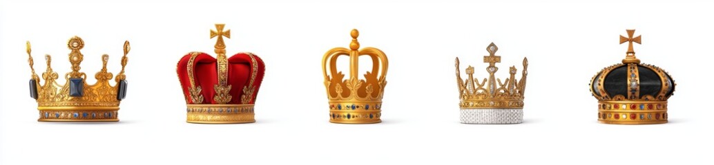 A golden crown set with precious stones is isolated on a transparent background