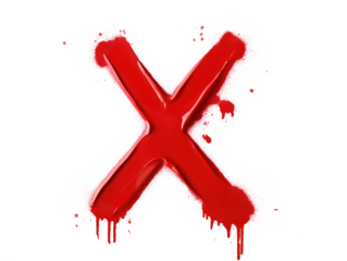 Close-up of red x symbol made with spray paint. X shape is isolated on isolated transparent background. Red color is prominent, with top half slightly darker than bottom half. Alpha mask.
