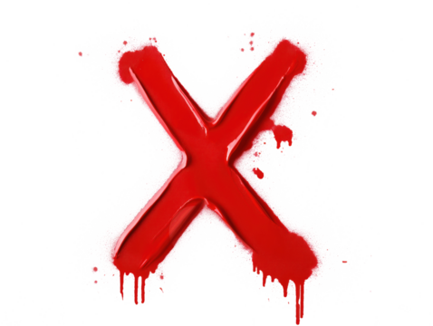 Close-up of red x symbol made with spray paint. X shape is isolated on isolated transparent background. Red color is prominent, with top half slightly darker than bottom half. Alpha mask.