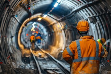 Fototapeta premium Construction worker overlooking a team building of a new subway