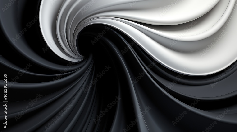 Poster a swirling pattern of black and white fabric-like textures creating a dynamic visual effect.
