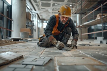 Craftsman precisely installing floor tiles at a construction site