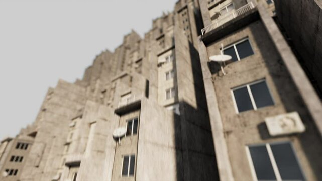 Urban Density: Aerial View of Massive Brutalist Residential Complex with Repetitive Concrete Facades, Highlighting Urban Density, Monolithic Architecture, and Retro-Futuristic Design Aesthetics 