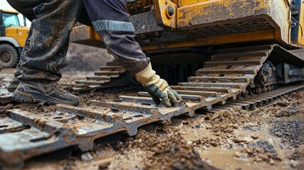 A worker inspecting and replacing damaged tracks on a forklift keeping it safe and stable while maneuvering materials on the construction site.