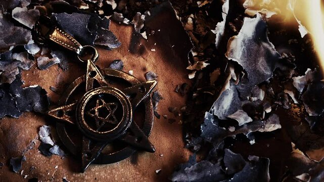 Magical Occult Symbol Mystic Pentagram in Fire and Ashes