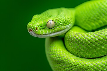 Obraz premium The background is a multicolored close-up of beautiful green bright python skin, with a reptile skin texture.