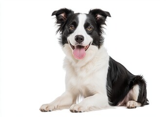 A black and white Border Collie is panting and looking at the camera in this head shot