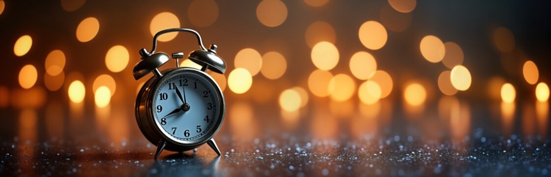 Vintage alarm clock on dark gray surface with white face, black numbers and hands. Small radio built into its side. Retro design creates stark contrast. Focus on clock with blurred background. - Powered by Adobe