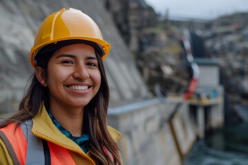 Portrait of a smiling young Hispanic female engineer at hydroelectric plant