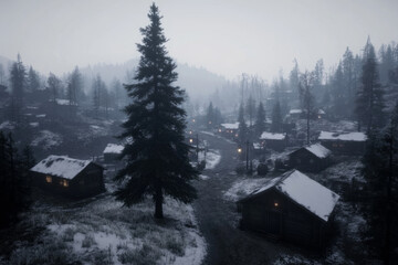 A snowy landscape with a large tree in the foreground