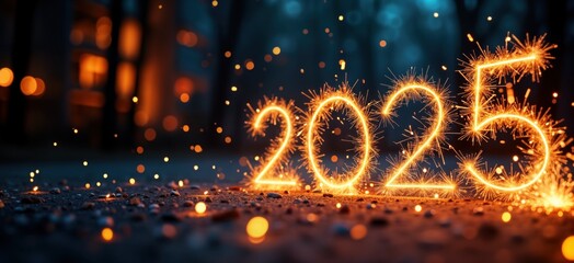 Dark black background with vibrant yellow orange glow, firework sparks, shining bright. New Year 2025 celebration holiday party festive atmosphere. Abstract banner texture surface for text. Yellow,