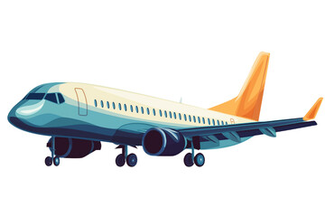 Obraz premium Large blue and orange airplane on runway ready for takeoff. Four wheels on aircraft. White line on runway. Light gray background. Commercial airliner isolated on white. Transparent alpha mask.