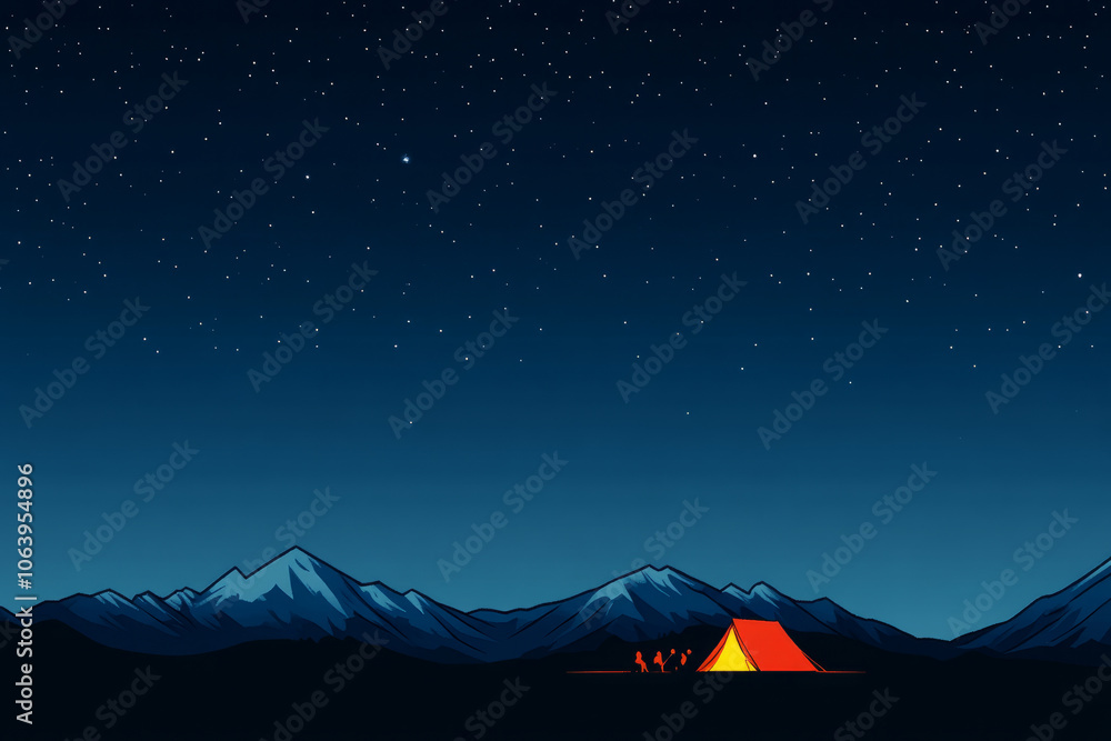 Poster a computer screen shows a mountain range with a red tent in the foreground
