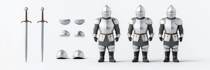 Naklejka premium An old metal knight's armour is rendered on a white background from different angles.