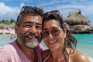 Fototapeta premium Smiling portrait of a middle aged Hispanic couple on vacation at beach