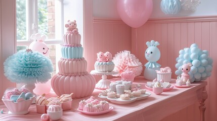 table with birthday sweets in pastel colours