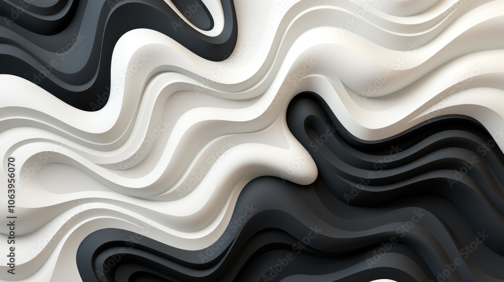 Poster abstract wavy pattern in black and white, showcasing smooth curves and layers.