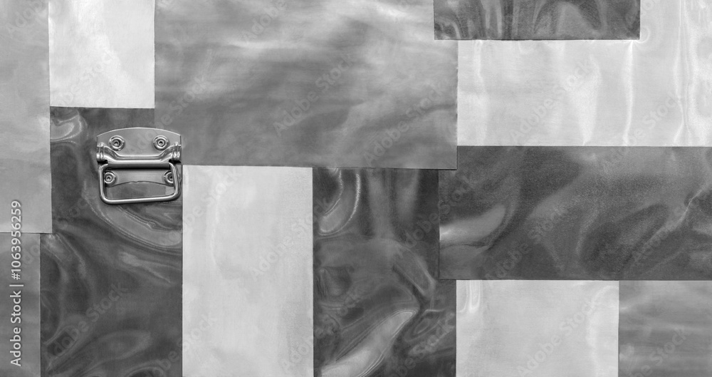 Poster A silver and white metal object is on a black and white background. The object is a handle and the background is a pattern of squares