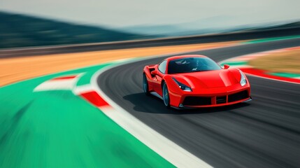 Red Race Car in Motion on Curved Track