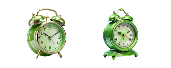 Green vintage alarm clocks on display