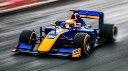 Blue and Yellow Race Car in Motion on Track