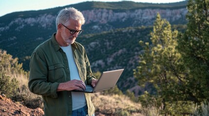 Fototapeta premium The Man with Laptop Outdoors