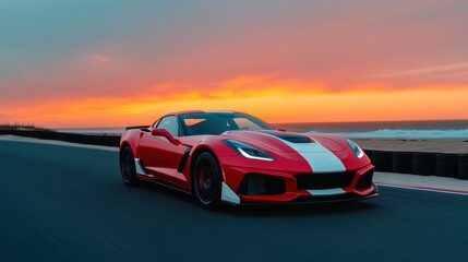 Naklejka premium Striking Red and White Sports Car at Sunset