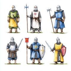 Fototapeta premium Detailed illustration of medieval knights and crusaders. Historical colored pencil drawing.