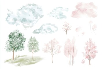 Isolated Landscape Elements Featuring Trees and Clouds for Design Projects