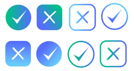 Icons with ticks and crosses. Gradient colors of circles and rectangles. The "Yes" and "No" signs. Vector illustration with ticks and crosses. The right and wrong concept of rounded-edge web buttons.