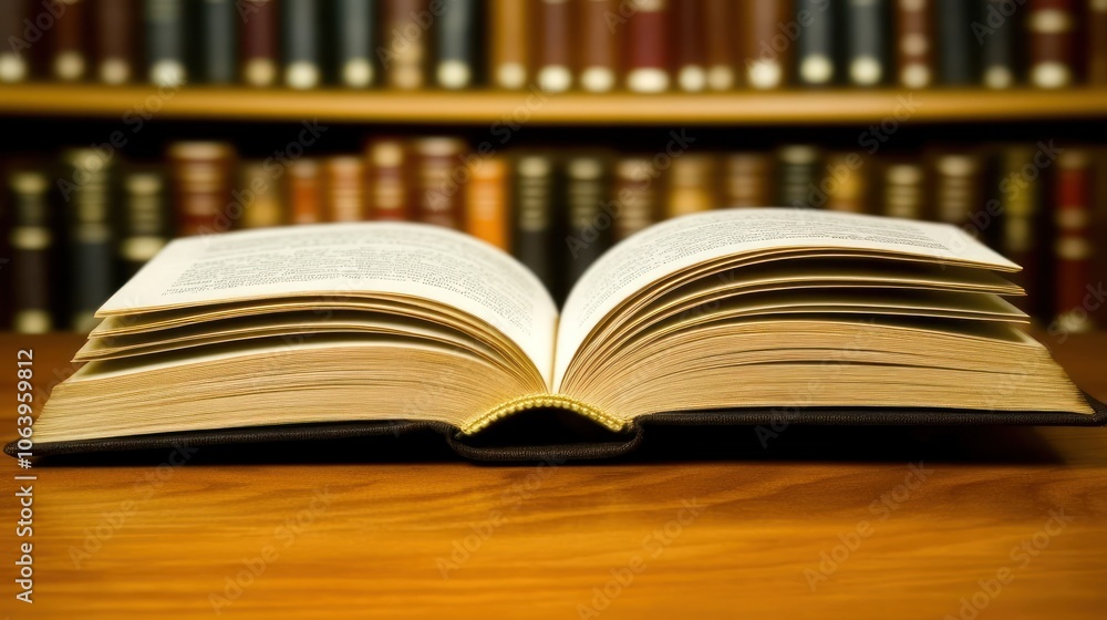 Poster an open book resting on a wooden table with a library background.