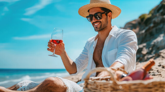 A man wearing a white shirt and hat sits on the beach, savoring a glass of wine while enjoying the seaside view - Powered by Adobe